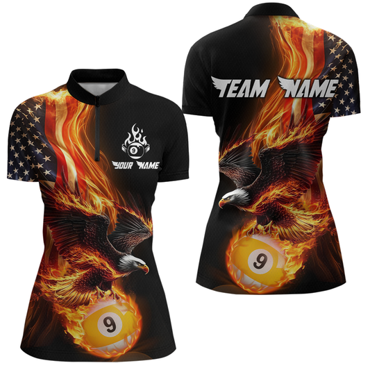 Custom 9 Ball American Flag Flaming Billiard Shirts for Women Billiard Team Shirt Billiard League NNT72