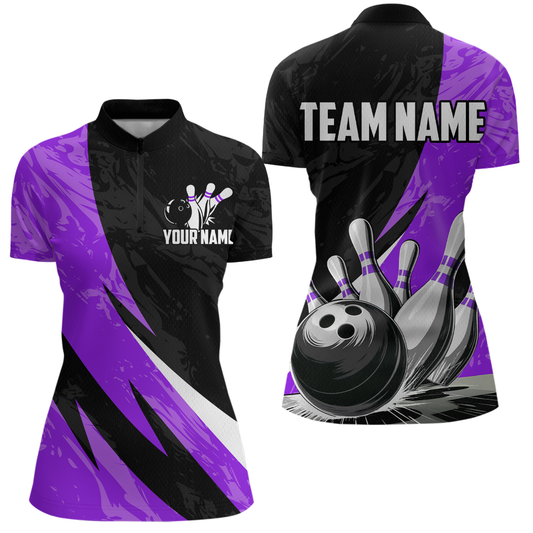 Custom Purple Bowling Custom Women Bowling Shirt Polo & Quarter-Zip Bowling Team Jerseys HNT75