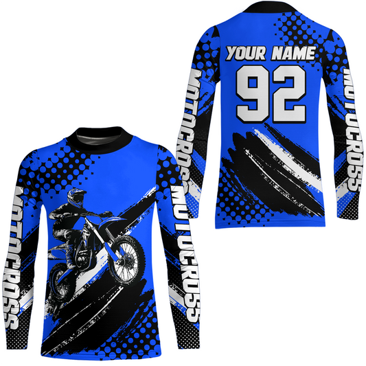 Personalized Blue Racing Jersey Motocross for Men Women Kid Upf30+ Youth Off-Road Racing Jersey DNT02