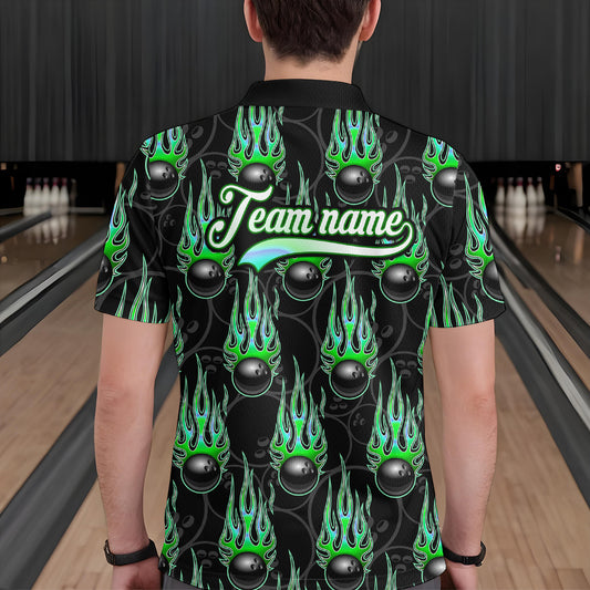 Black Bowling Ball Camo Green Flame Bowling Polo, 1/4 Zip Shirt for Men Custom Bowling Team Jersey NQS9479