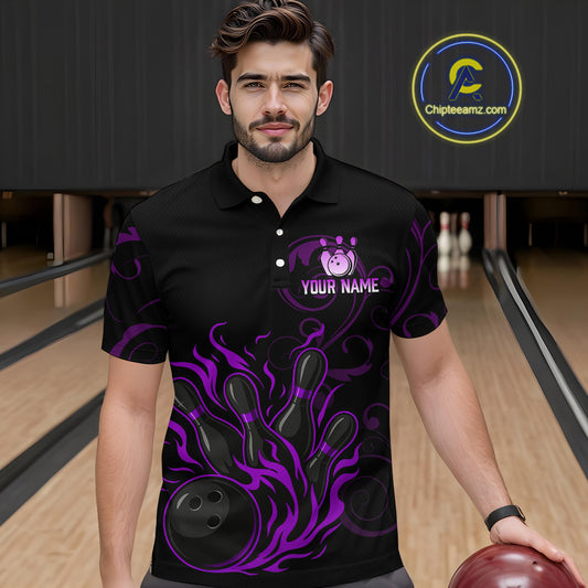 Black And Purple Flame Custom Dragon Bowling Team Shirts For Men, Bowling Uniform Outfit NQS9963