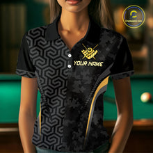 Load image into Gallery viewer, Custom Black Gold 8 Ball Flame Billiard Shirts for Women, Billiard Team Polo & 1/4 Zip Shirts NNT61