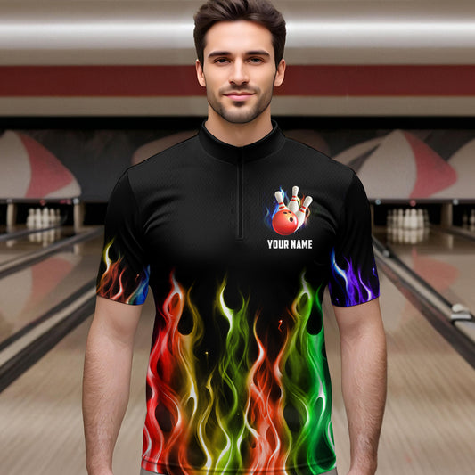Rainbow Flame Bowling Jersey For Men Personalized Bowling Team Shirts Bowling Quarter-Zip Shirt BDT324