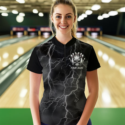 Skull Bowling League Shirt Women Bowling Jersey Team Lightning Thunder Bowling Quarter-Zip Shirt BDT335