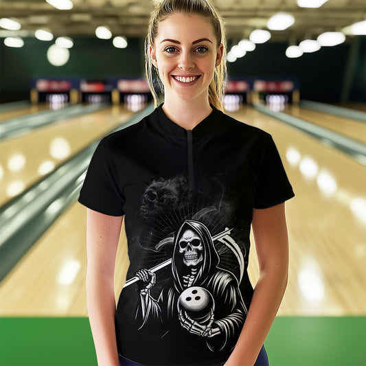 Bowling Shirt Custom Skull Bowling 1/4 Zip Shirt for Women Bowling Team League QZT299