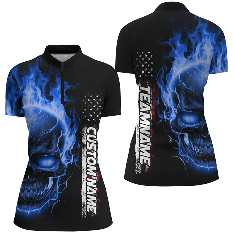 Blue Flame Skull Custom Bowling 1/4 Zip Shirts For Women, American Bowling Team Jerseys IPHW5277