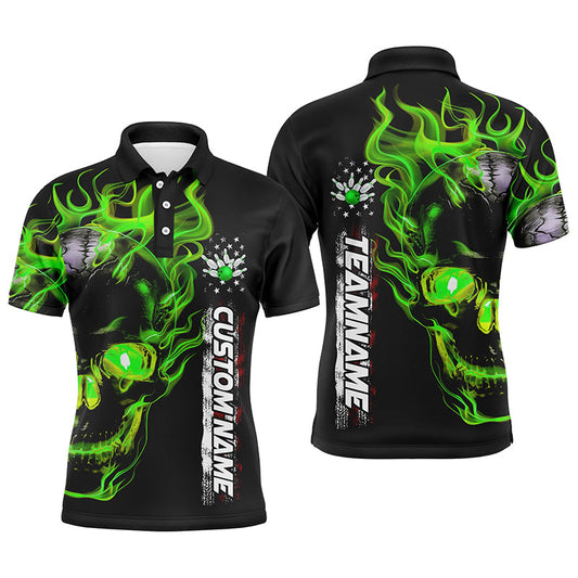 Custom Green Flame Skull Bowling Team Shirts, Bowling Polo/ Quarter-Zip Shirts For Men And Women IPHW6098