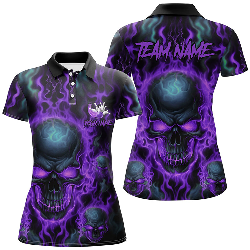 Custom Ladies Bowling Polo Shirts Purple Flame Skull Team Bowling Jerseys Halloween Outfits IPHW5380