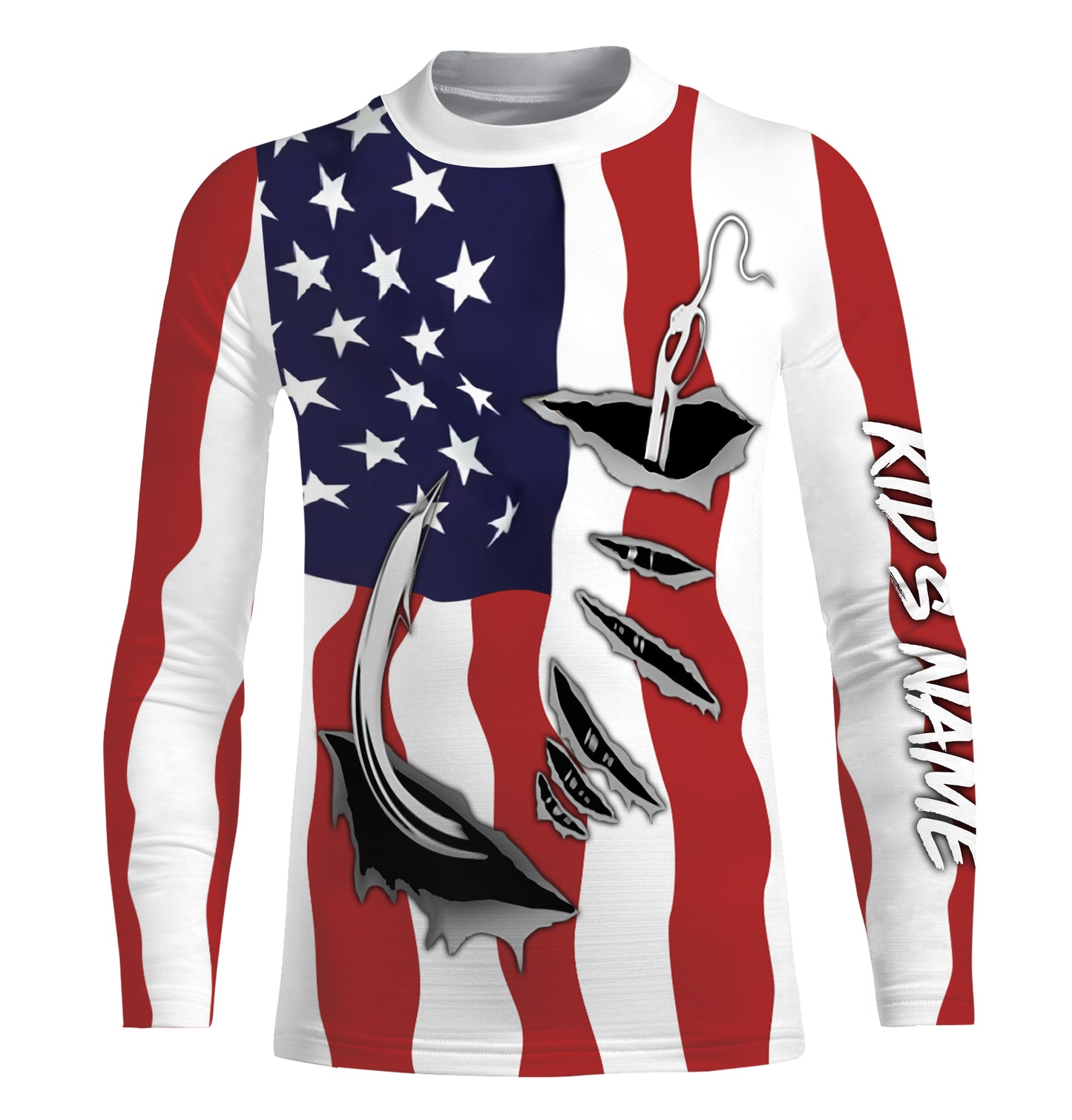 American Flag Patriotic Fish hook Custom Long sleeve Shirts, 4th of July Fishing tournament Shirts - IPH1900