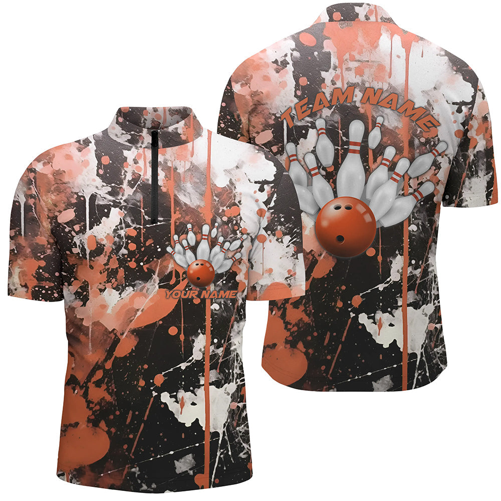 Orange Camo Bowling Team Shirts Men Quarter Zip Personalized Bowling League Jerseys IPHW5412
