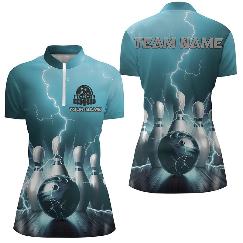 Custom Blue Thunder Lightning Women Quarter Zip Bowling Shirts Strike Bowling Team Jerseys IPHW5394