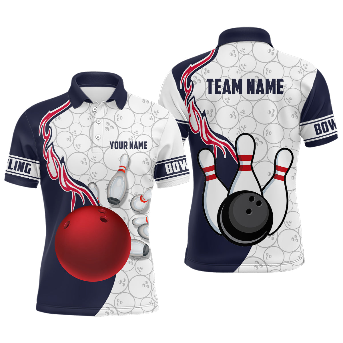 Custom Men Bowling Polo Shirts Bowling Ball And Pins Team League Bowling Jerseys Outfit IPHW5305