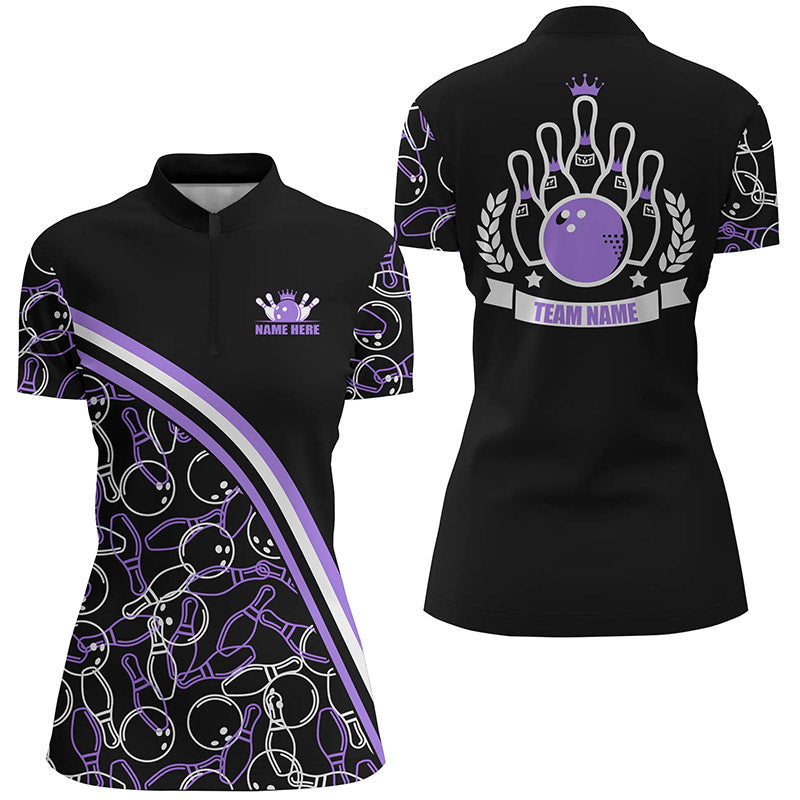 Personalized bowling Quarter Zip shirts for women Custom name black purple bowling pattern team shirts NQS6531
