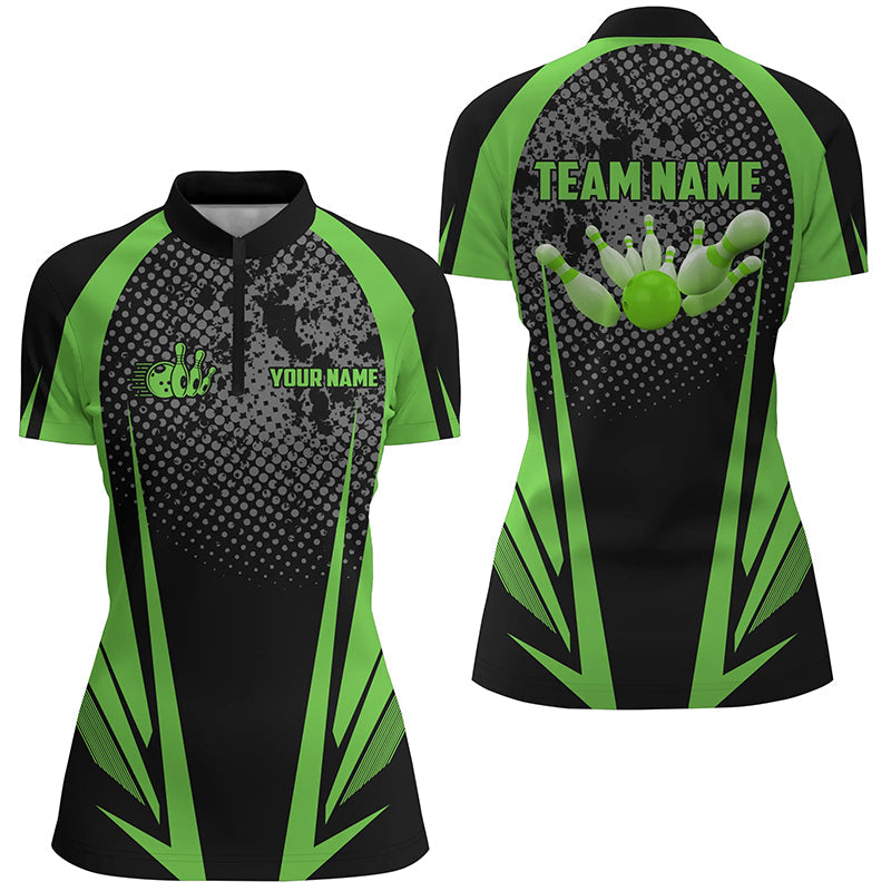 Women Bowling Quarter-Zip Custom bowling ball and pins black and green team ladies Bowlers Jerseys NQS7147