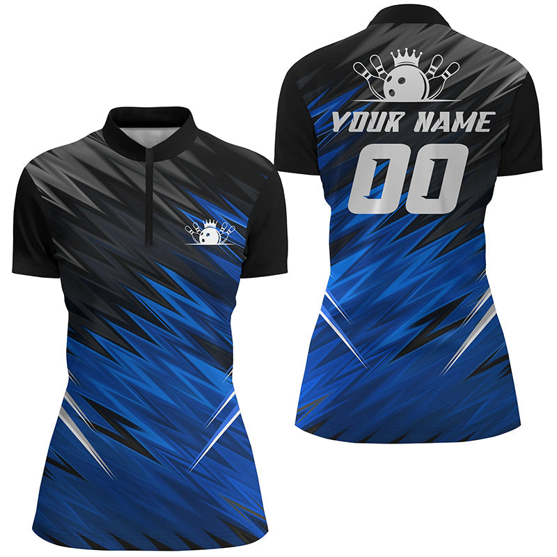 Blue and black Womens Quarter Zip shirts custom name bowling shirts for women, team bowling jerseys NQS6475