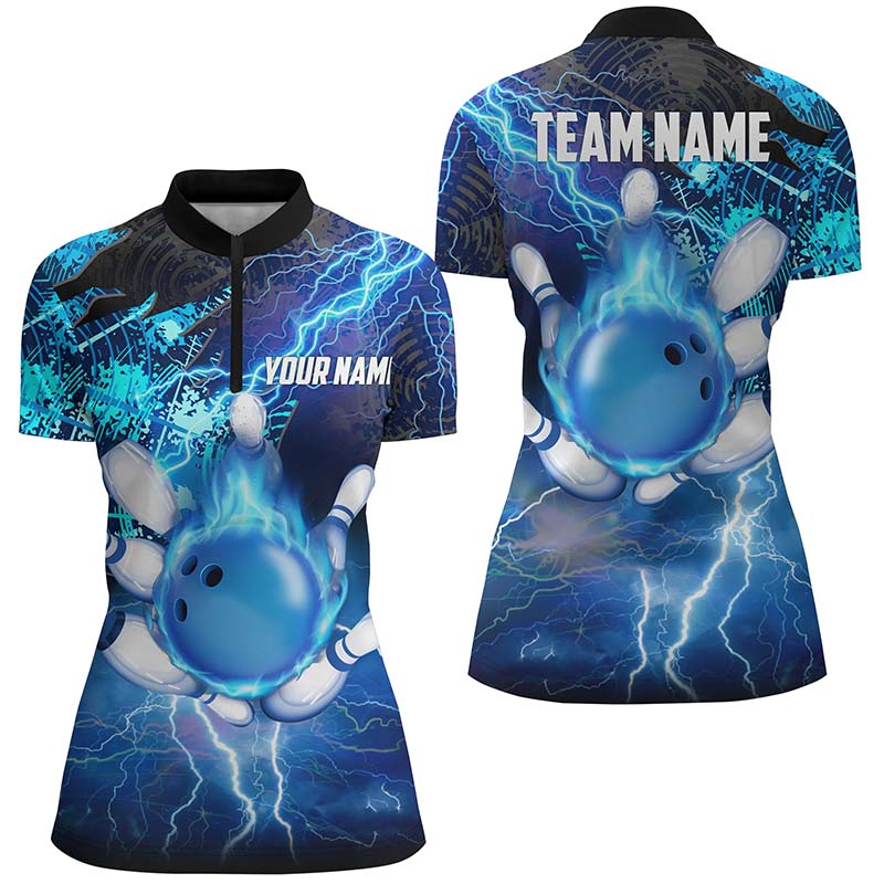 Women Bowling Quarter-Zip Shirt Custom flame lightning thunder team bowling Jersey for ladies | Blue NQS6507