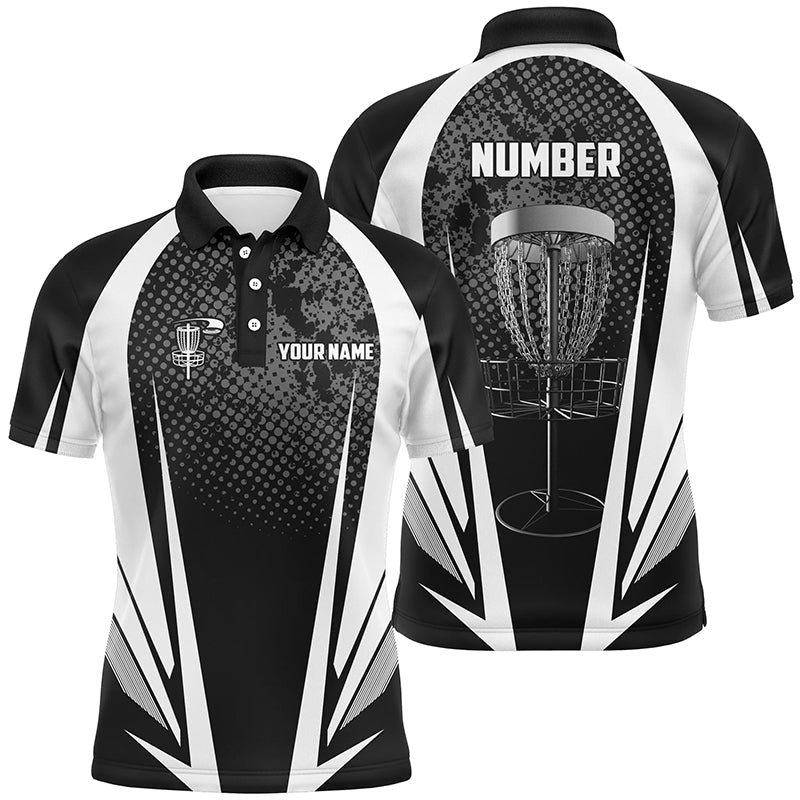 Mens disc golf polo shirt custom name, number black white disc golf jersey, mens disc golf apparel NQS6309