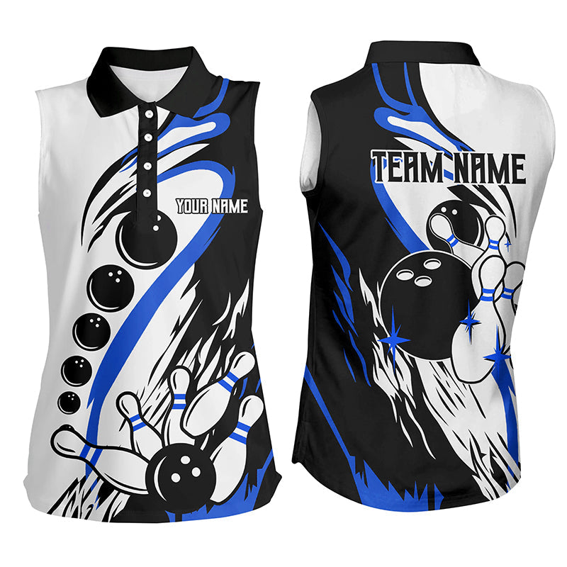Black white retro bowling league jersey custom Women Bowling sleeveless Polos, gifts for bowlers| Blue NQS7154