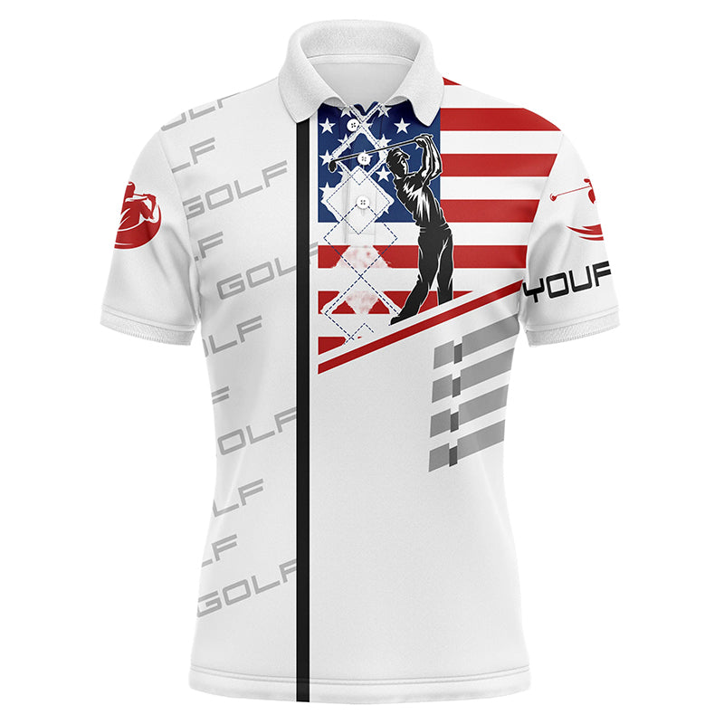Mens golf polo shirt American flag patriotic golf shirts custom name golf gifts for men | White NQS3945