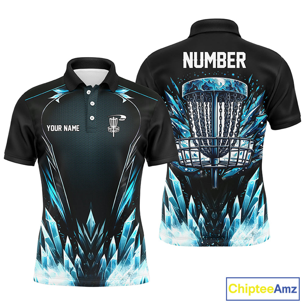 Icy blue Mens Disc golf polo shirts custom black disc golf basket jerseys, disc golf shirts NQS7323