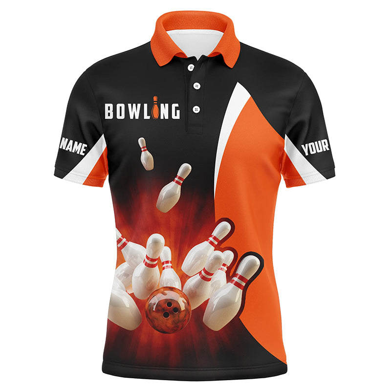 Custom black orange bowling shirt for men – personalized team jersey front view