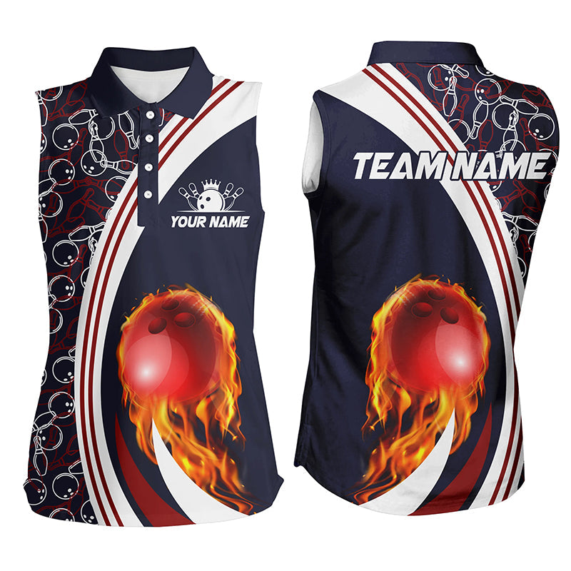 Bowling sleeveless polo For women Custom camo flame bowling ball fire Bowling Team League Jersey| Navy NQS6716