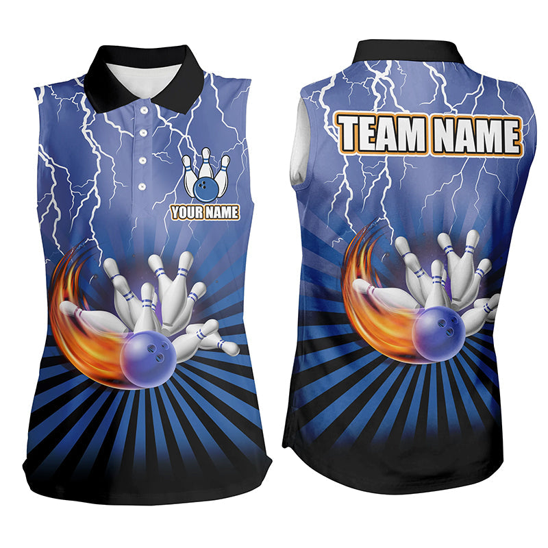 Women Bowling sleeveless Polos Custom lightning storm vintage Bowling Team Jerseys | Blue NQS7080