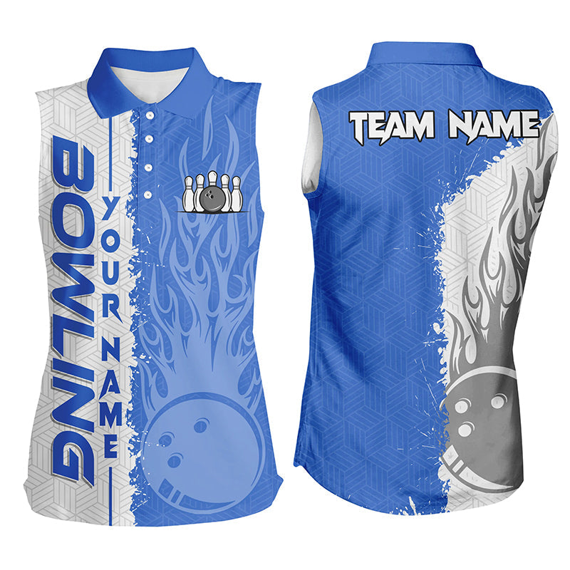 Women sleeveless polo shirts Custom white and blue flame Bowling ball and pins Team league Jerseys NQS7103