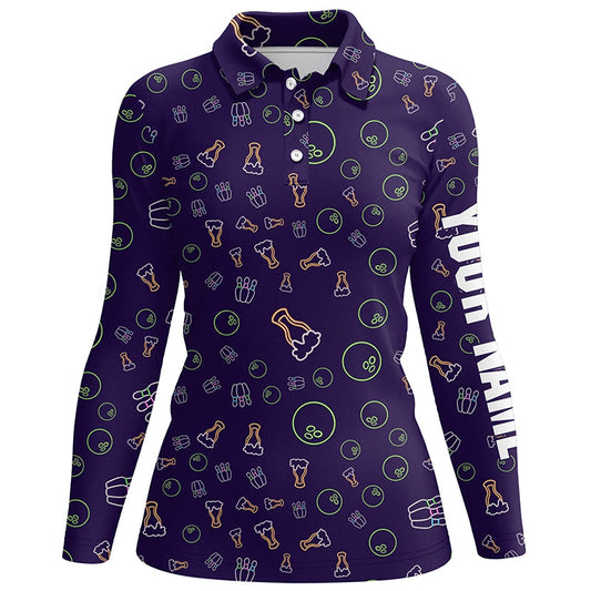 Neon beer glowing Bowling pattern Custom Women bowling polo shirt, bowling team league jerseys NQS6763