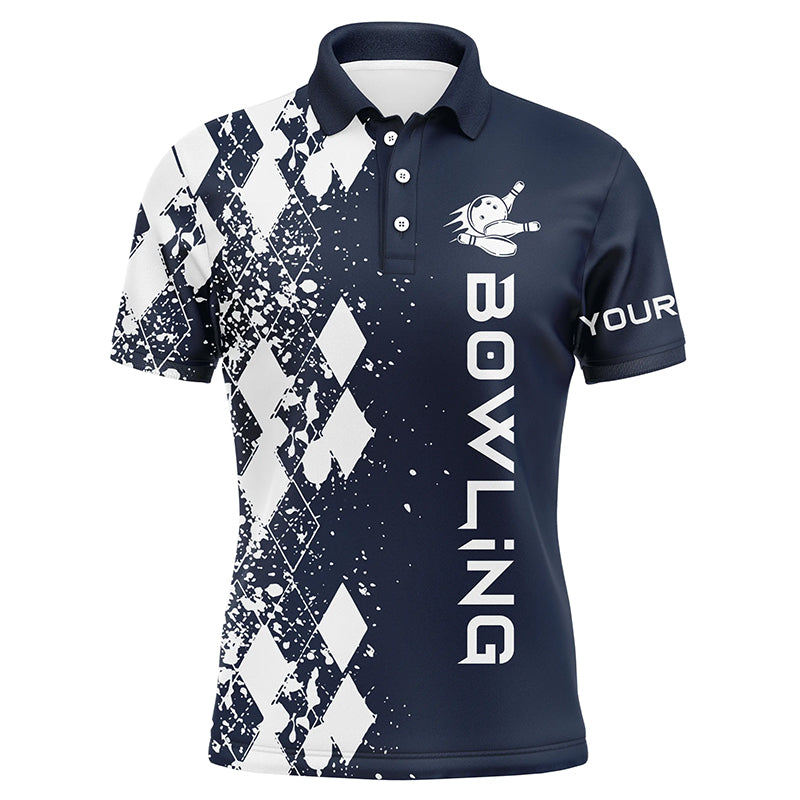 Custom navy bowling shirt for men – personalized team jersey front view