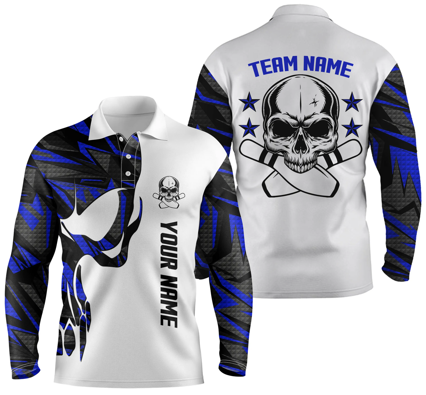 Blue white personalized bowling shirt for men – custom name design side view