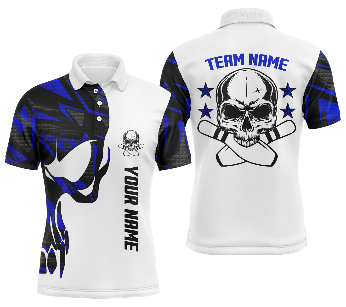 Custom Blue white bowling shirt for men – personalized team jersey front view