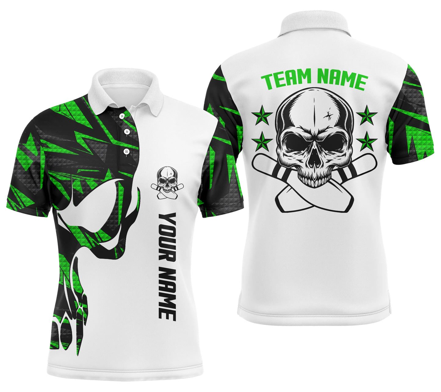 Custom Green white bowling shirt for men – personalized team jersey front view