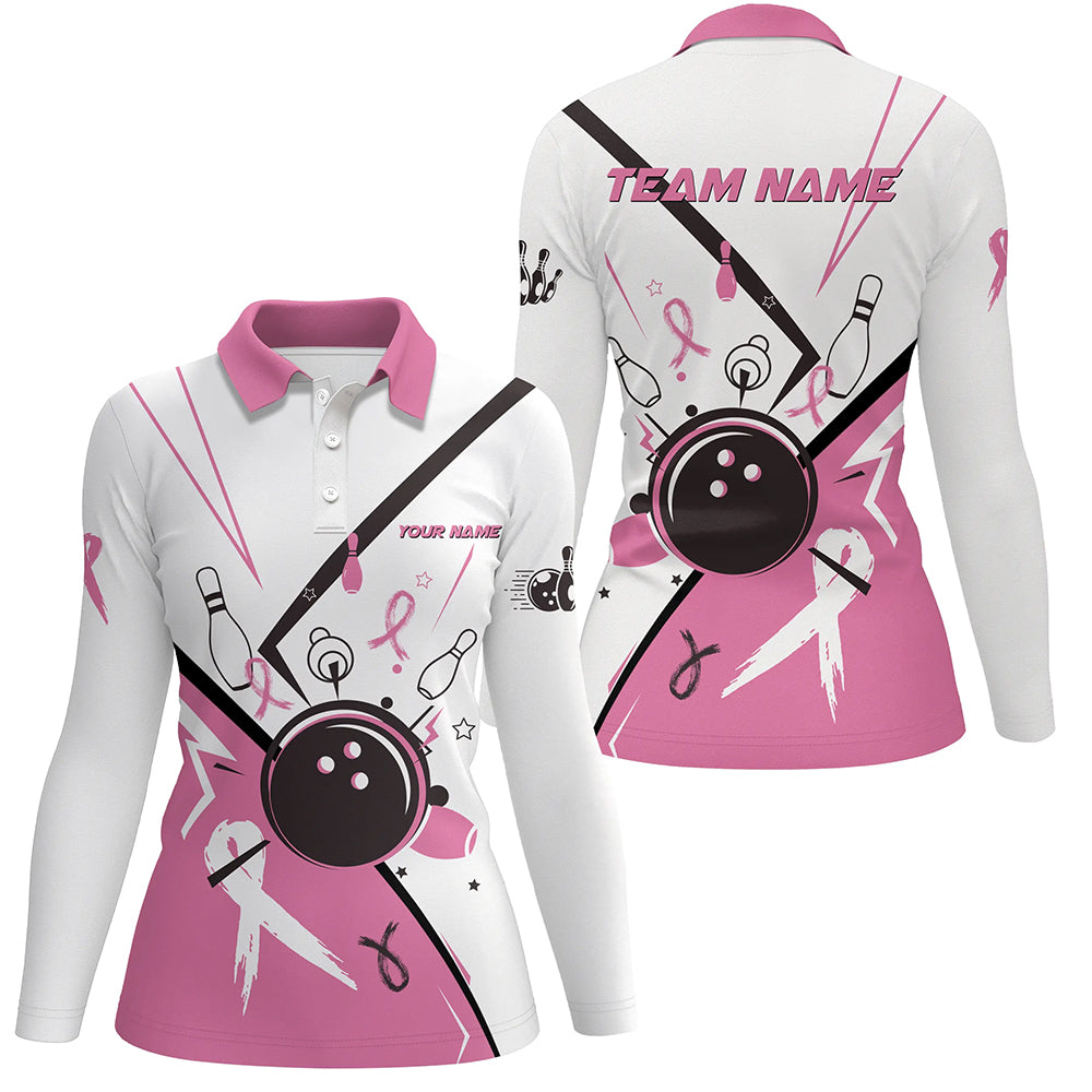 Pink ribbon breast cancer awareness bowling jerseys Custom Team Bowling Polo Shirt For Women | White NQS7245