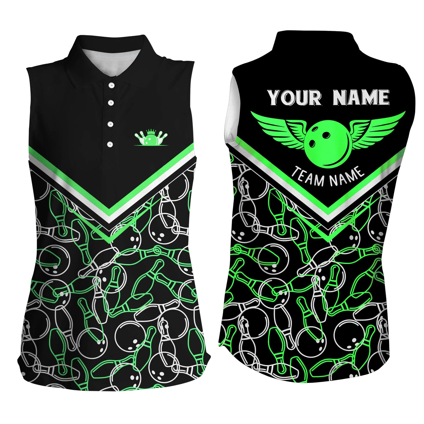 Custom sleeveless bowling shirt for women – personalized team jersey front view