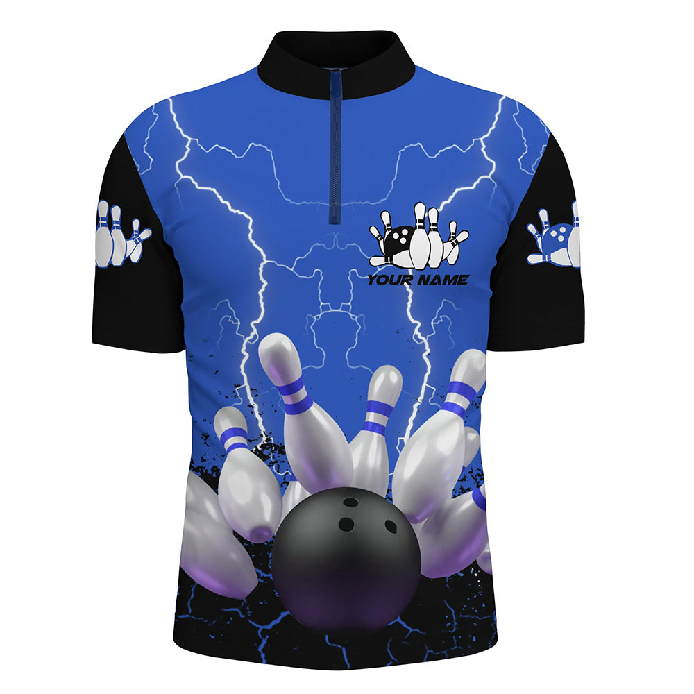 Custom Blue bowling shirt for men – personalized team jersey front view