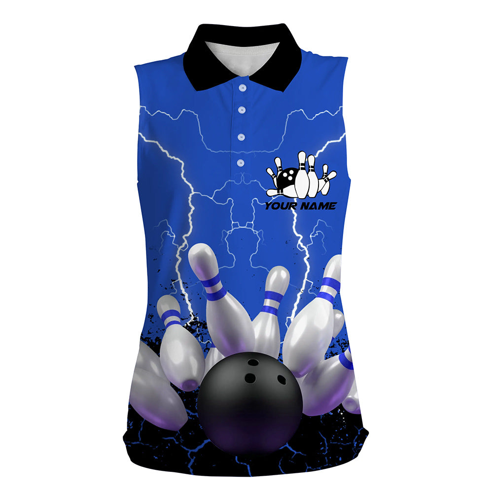 Custom Blue sleeveless bowling shirt for women – personalized team jersey front view