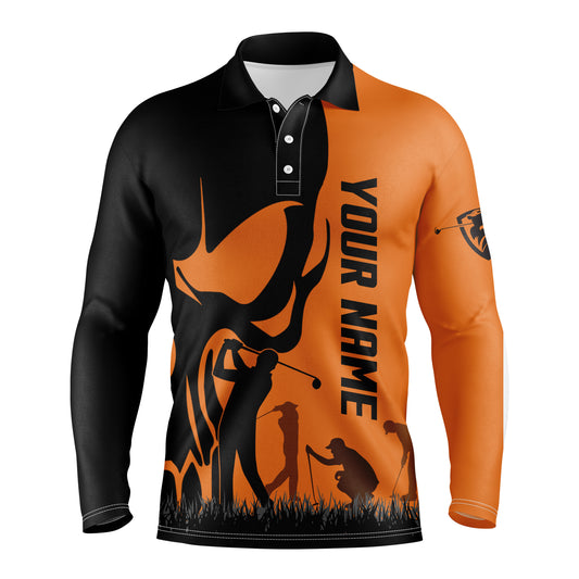 Mens golf polos shirts custom name skull golf black shirt jerseys, golf wear for mens | Orange NQS4571