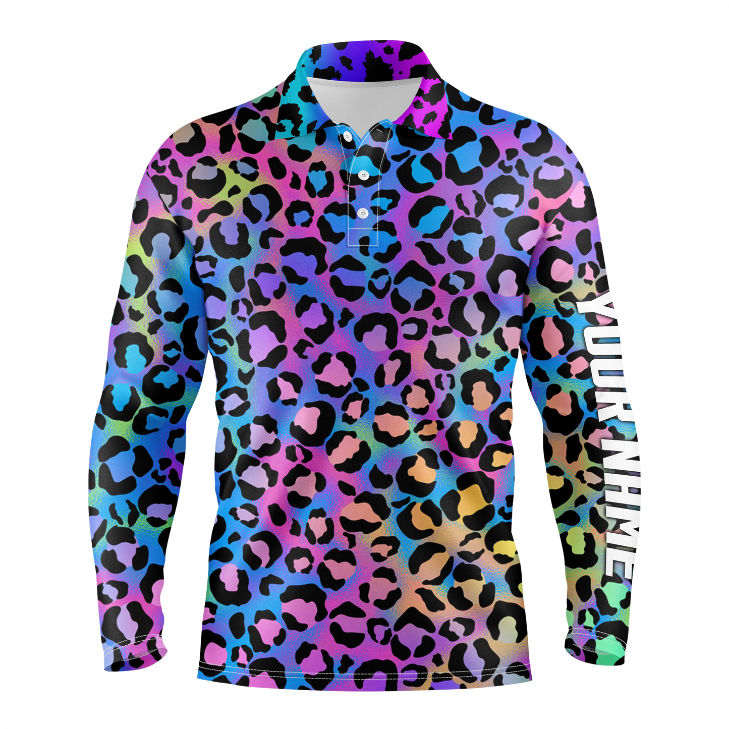 Colorful neon gradient leopard mens golf polo shirts, custom pattern golf shirt for men NQS4989