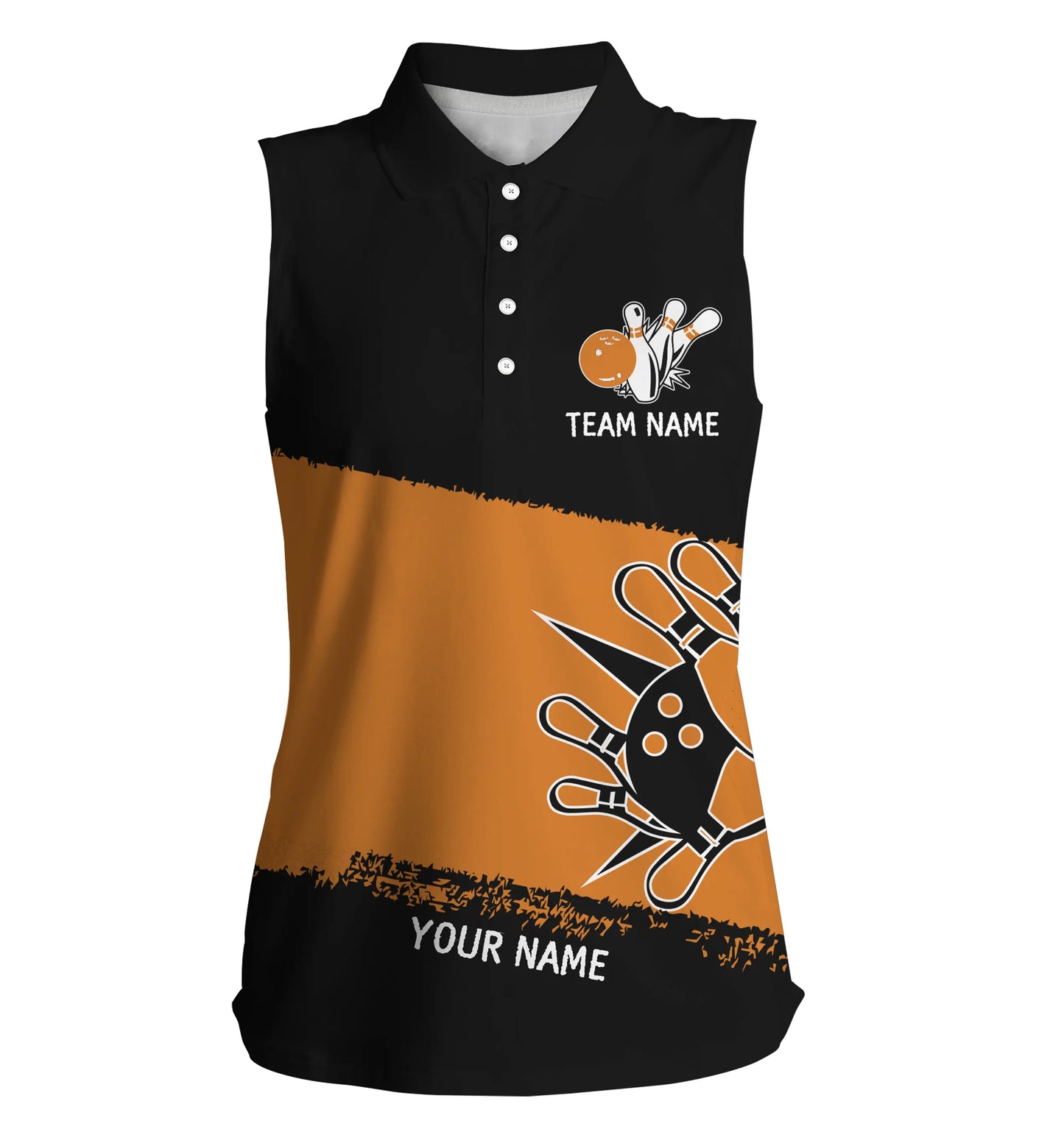Custom Black orange sleeveless bowling shirt for bowling – personalized team jersey front view
