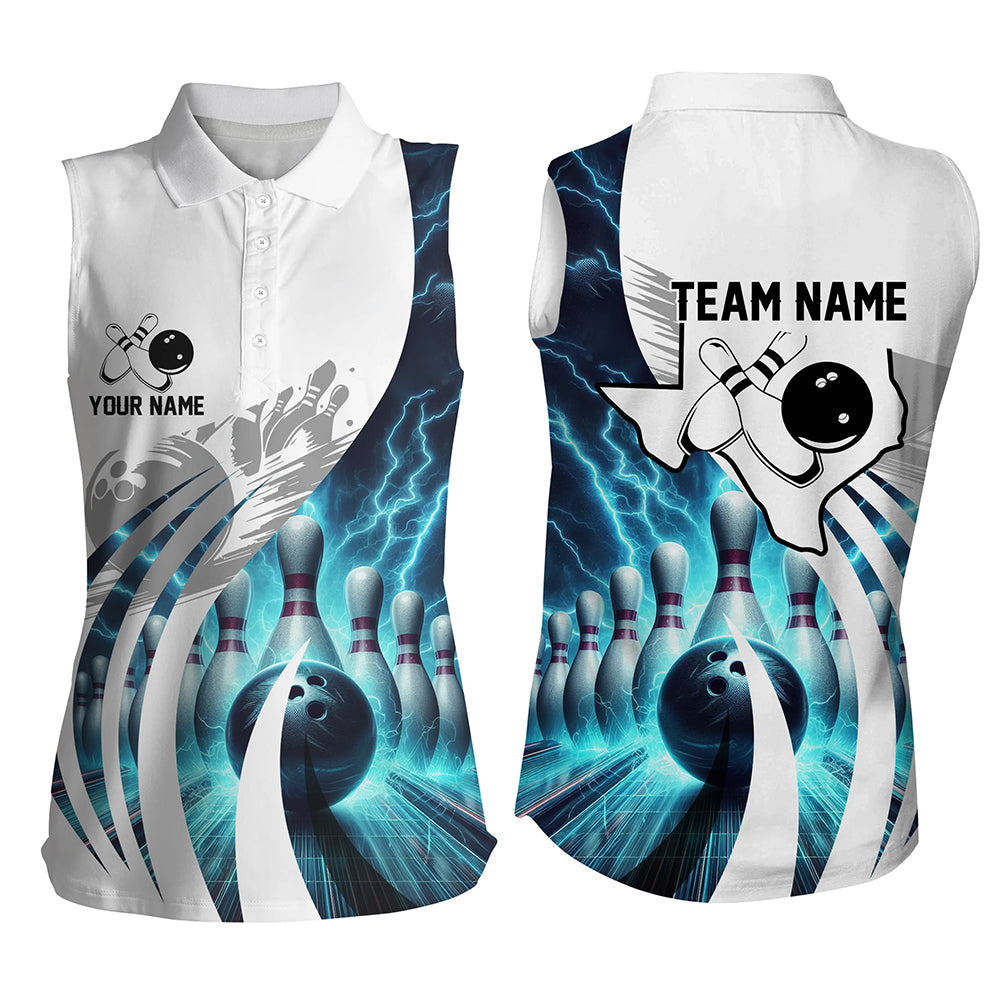 Blue lightning thunder Women Bowling sleeveless Polos Custom Texas Team league Jerseys, bowling gifts NQS7074