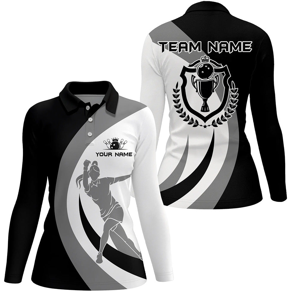 Black and white retro Bowling Polo Shirt For Women Bowling Jersey Custom Bowling League Team Shirt NQS6704