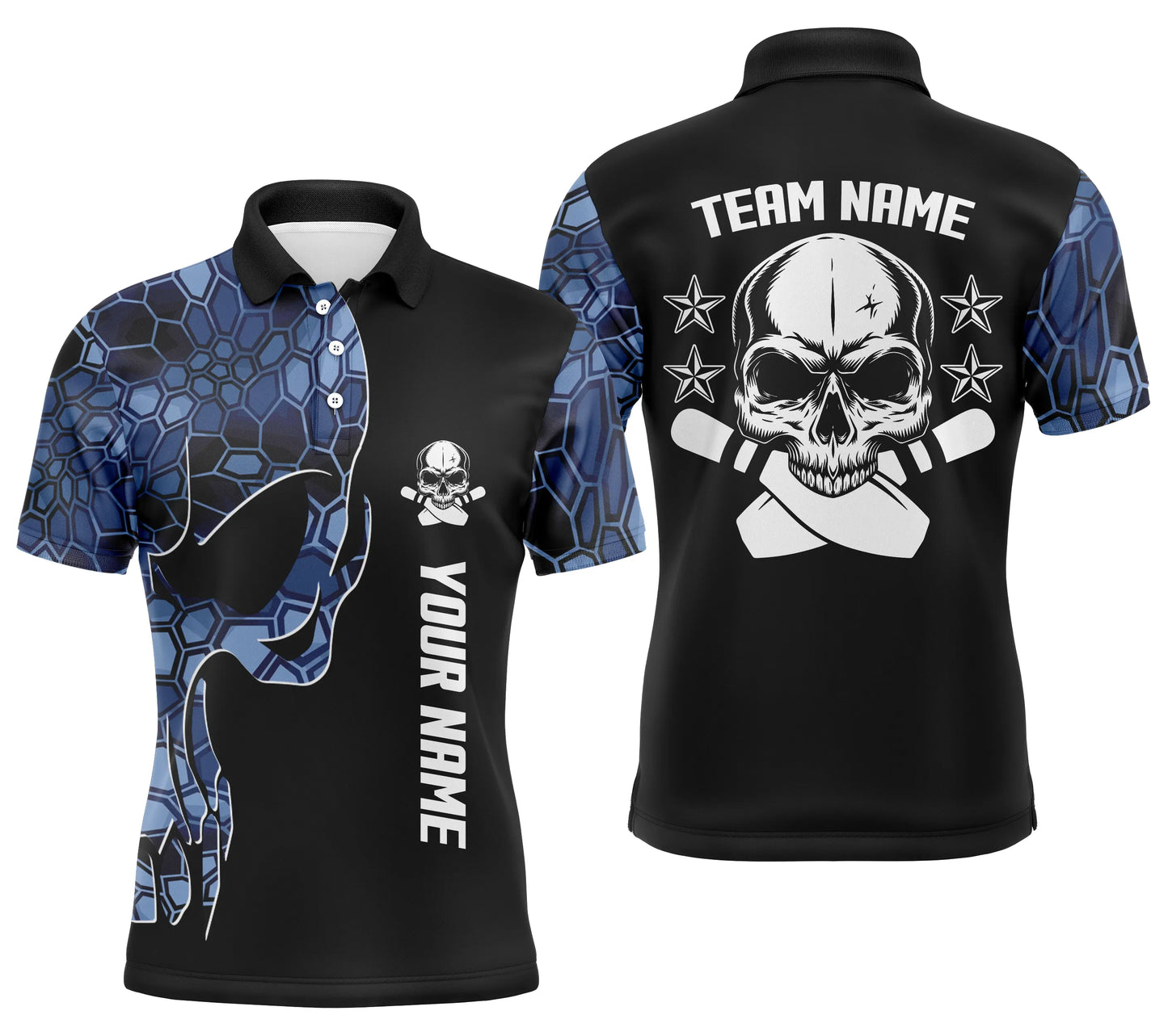Custom Blue camo bowling shirt for men – personalized team jersey front view