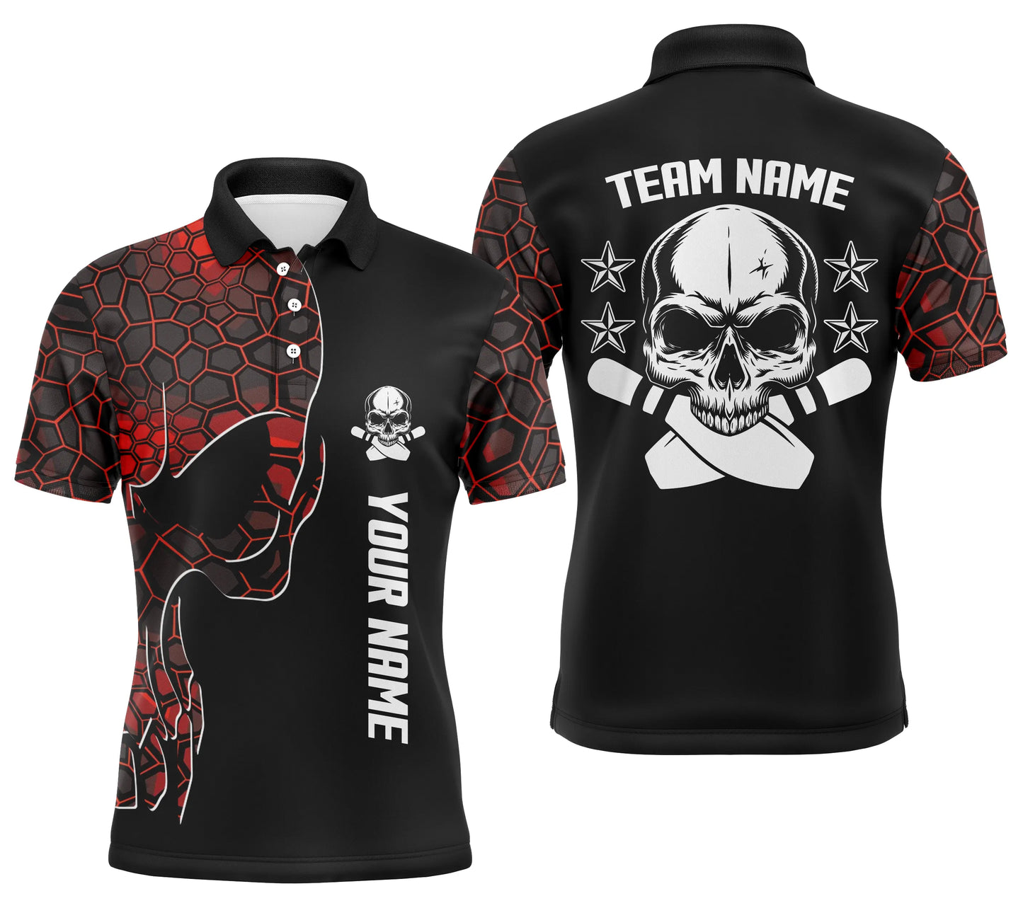 Custom Red camo bowling shirt for men – personalized team jersey front view