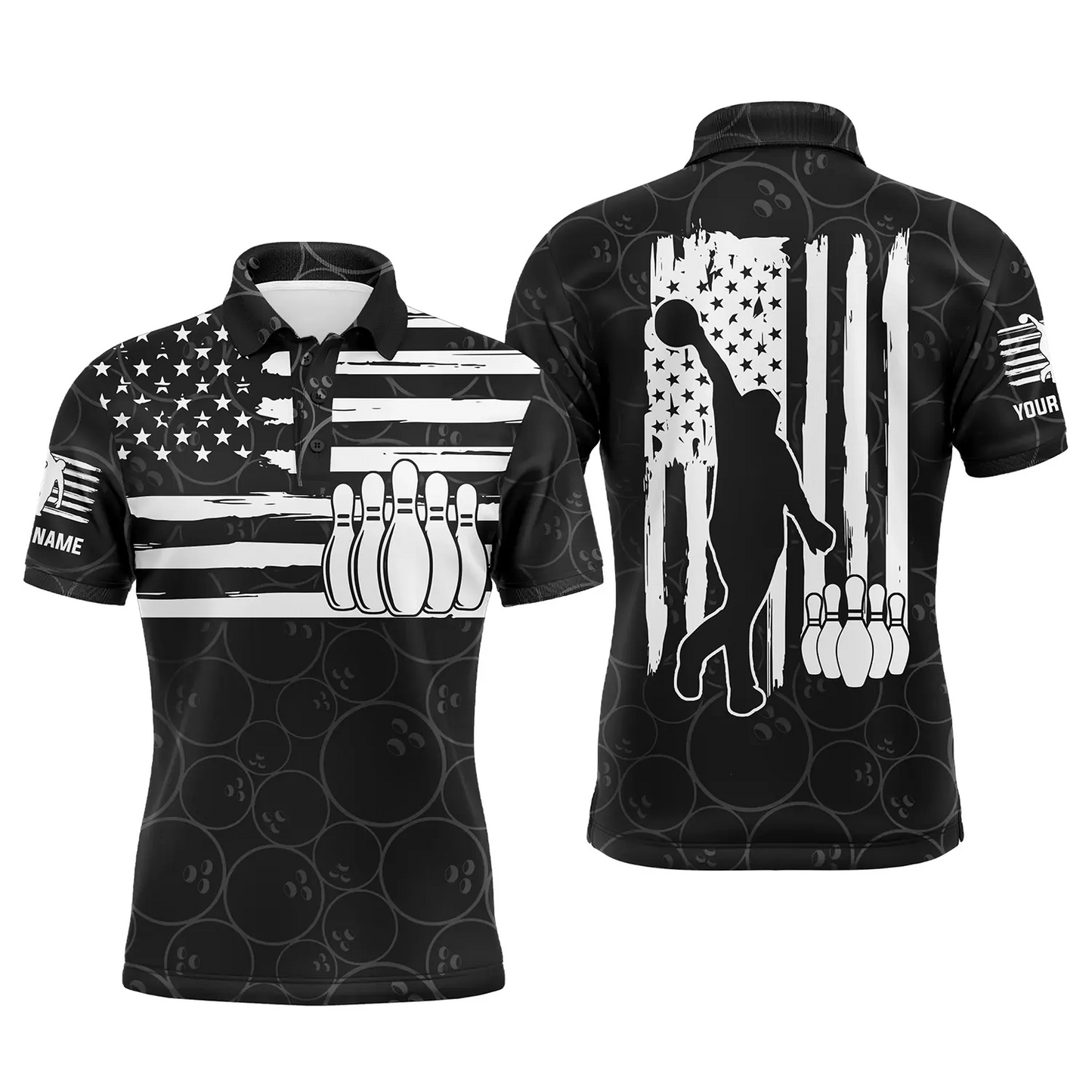 Custom black bowling shirt for men – personalized team jersey front view