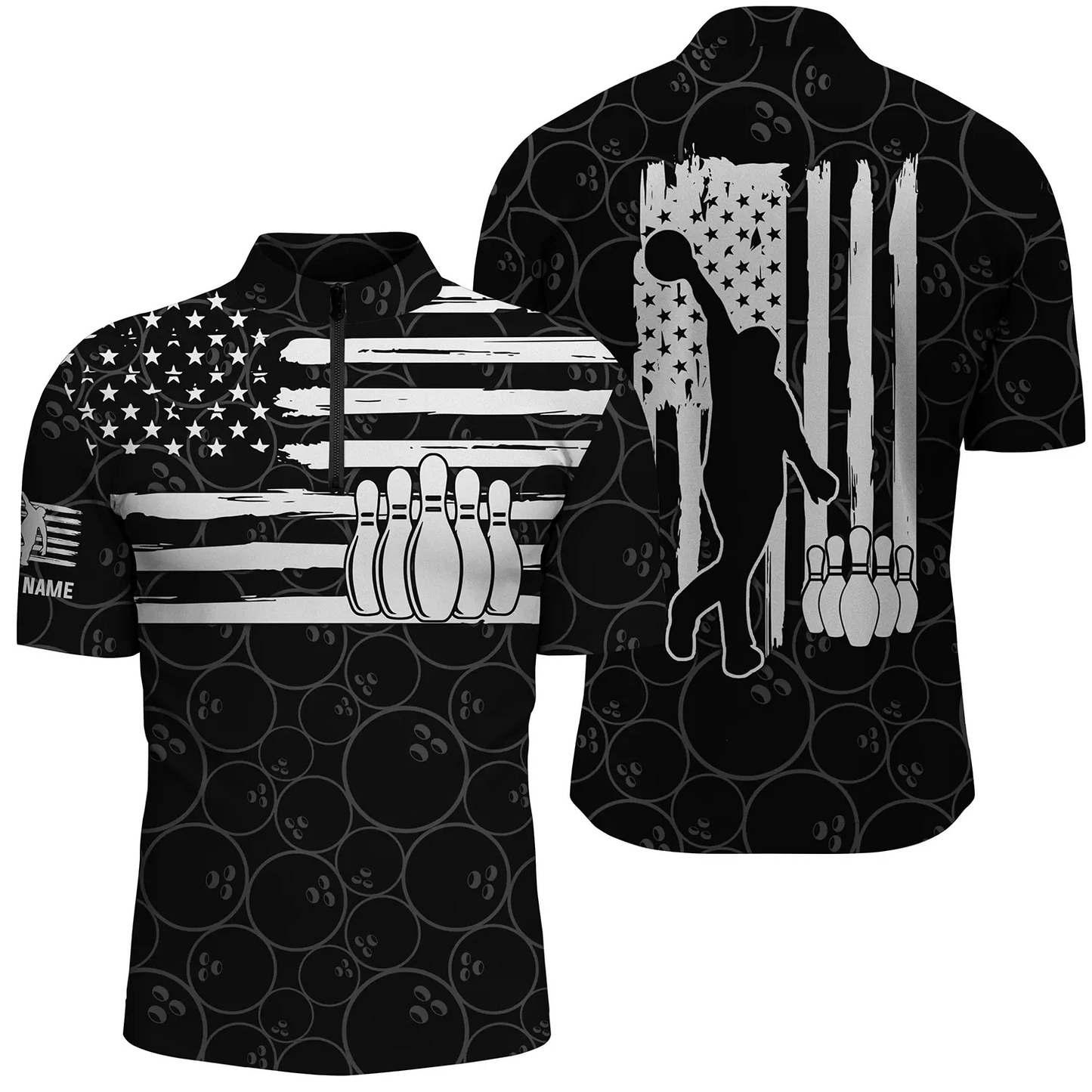Custom black bowling shirt for men – personalized team jersey front view