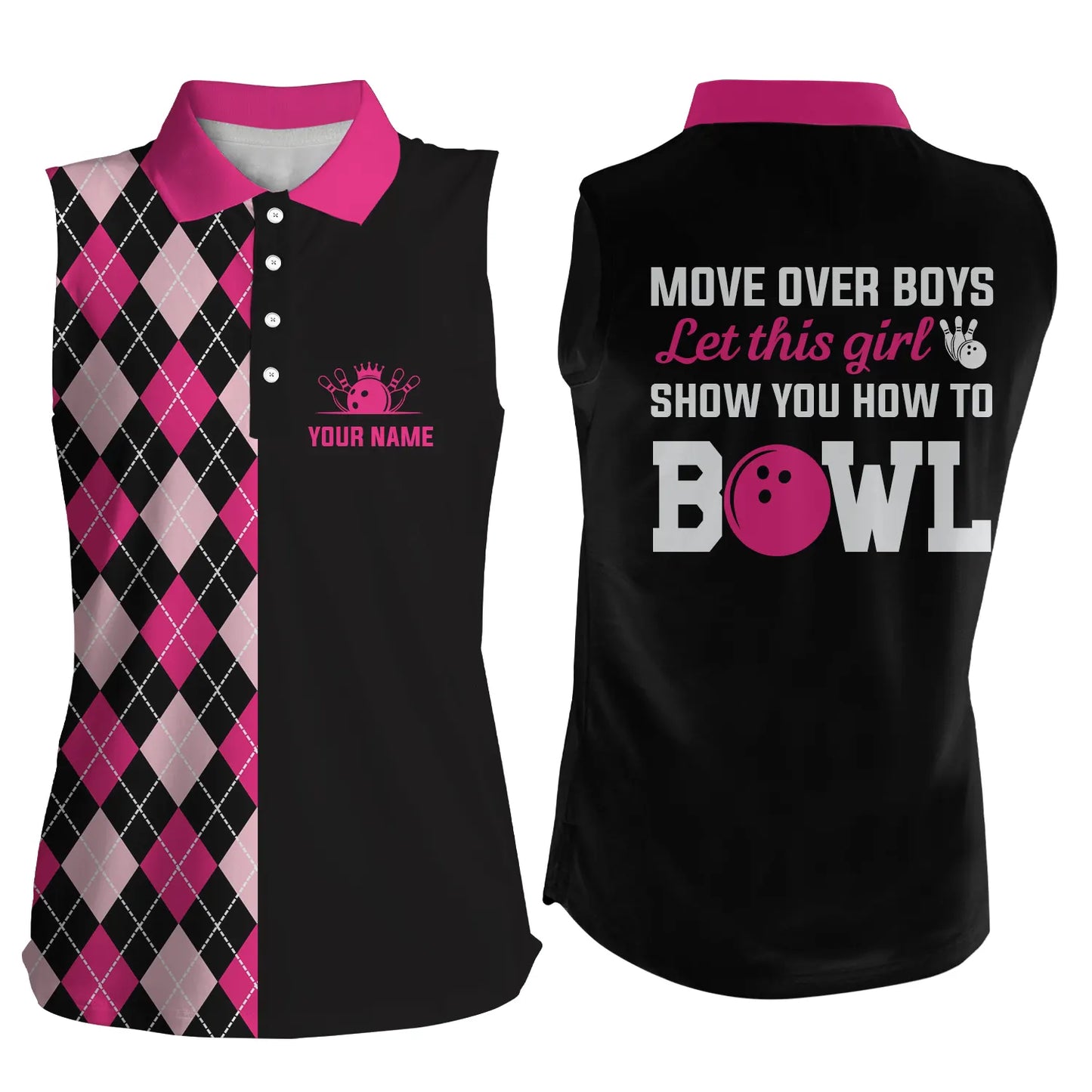 Custom sleeveless bowling shirt for women – personalized team jersey front view