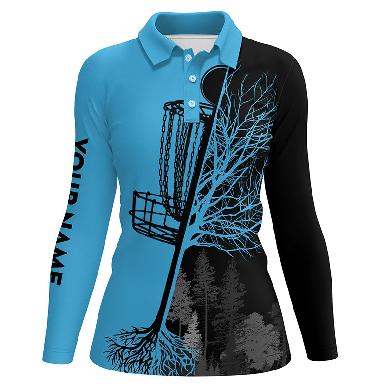 Womens disc golf polo shirts custom black and blue disc golf basket, disc golf outfit NQS7151