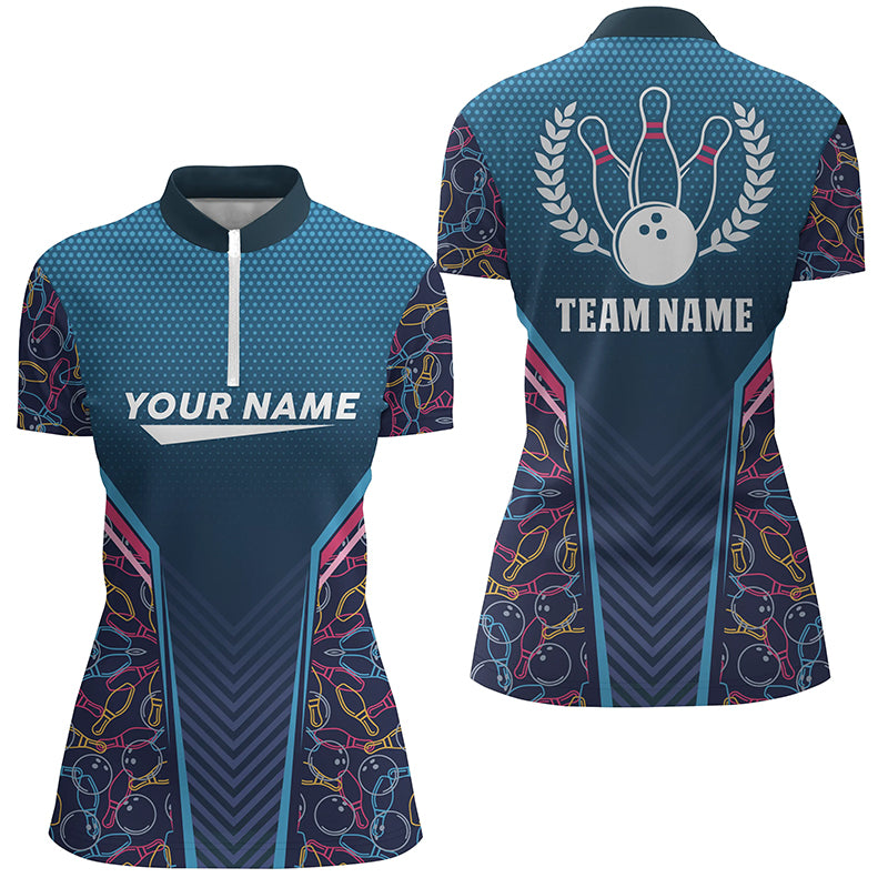 Bowling blue camo Women Quarter-Zip Shirt Personalized Bowling Team League Jerseys Gift For Bowlers NQS6832