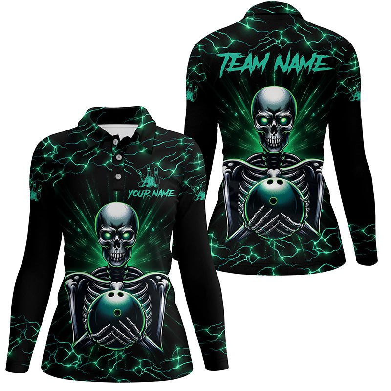 Green skull lightning bowling polo shirts for women Custom Team bowling jerseys, gift for bowlers NQS7304